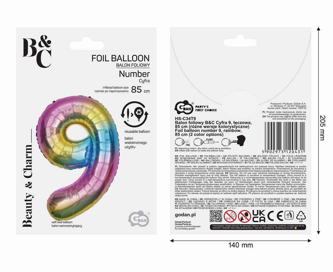 Foil balloon number 9, rainbow, 85 cm